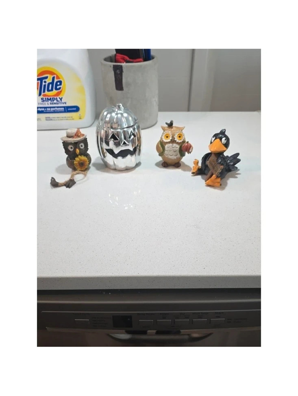 Halloween Themed Owl and Crow Figurines with Silver Pumpkin Candle Holder